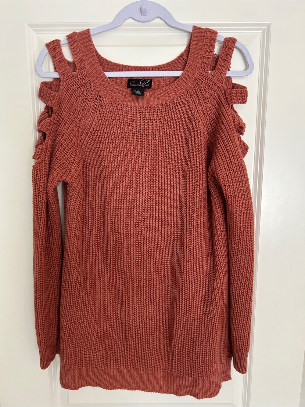 Derek Heart Off-The-Shoulder Cutout Sweater - Rust